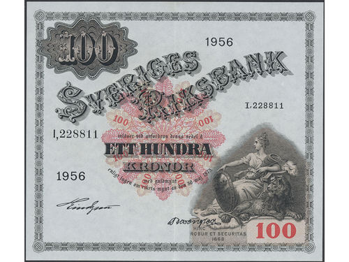 Banknotes, Sweden. SF U10b:10, 100 kronor 1956. No: I,228811. 01.