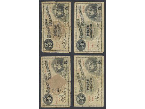 Banknotes, Sweden. 5 kronor. Four banknotes, 1901–17, mixed quality.  .