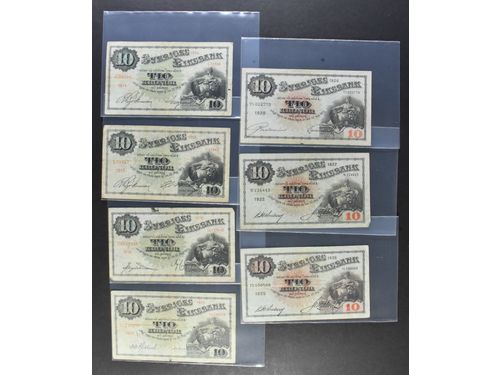 Banknotes, Sweden. 10 kronor. Seven banknotes, 1914–25, mixed quality.  .
