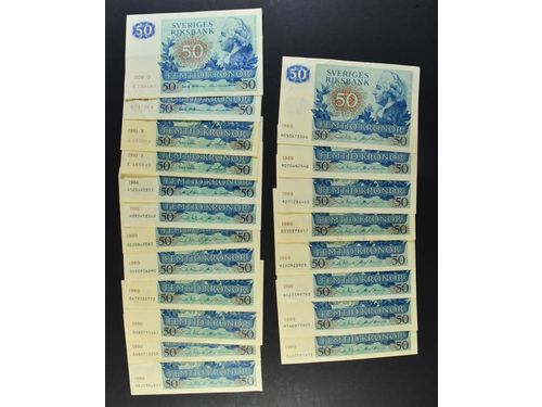 Banknotes, Sweden. 50 kronor. 20 banknotes, 1976–90, mixed quality.  .