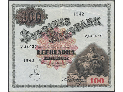 Banknotes, Sweden. SF U8:25, 100 kronor 1942. No: V,44937X. 1+.