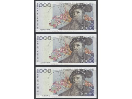 Banknotes, Sweden. SF X11:4, 1000 kronor 1991. Three banknotes in number sequence. 01/0.