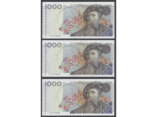Banknotes, Sweden. SF X11:4, 1000 kronor 1991. Three banknotes in number sequence. 0.