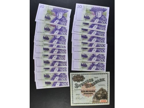 Banknotes, Sweden. 19 banknotes, (18) 20 kronor 1997–2005, 01/0 + 100 kronor 1943, 1/1+.  .