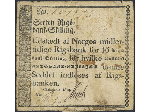 Banknotes, Norway. KM A25, 16 Riksbankskilling 1814. A86, No:607376. G.