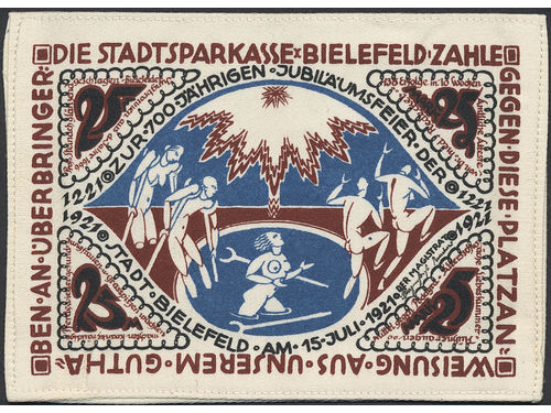 Banknotes, Germany. 25 pfennige 1921. Silk banknote, Bielefeld, 15 July 1921. UNC.