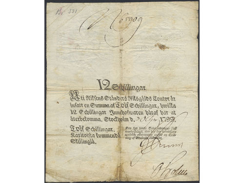 Banknotes, Sweden. Platz s.32, b, 12 skillingar 1799. No: 65909. 2.