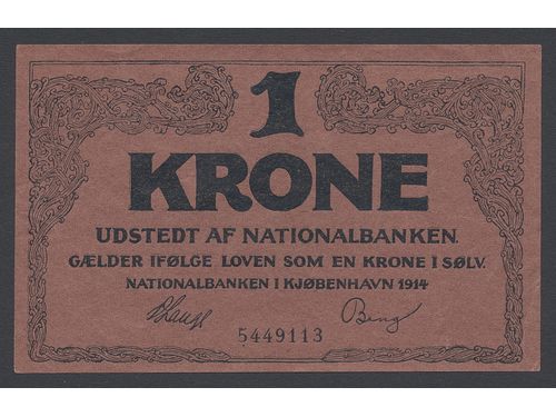 Banknotes, Denmark. KM 10b, 1 krone 1914. No: 5449113. XF-UNC.