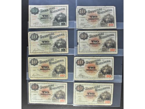 Banknotes, Sweden. 10 kronor. A box with 15 banknotes, 1907–40, mixed quality.  .