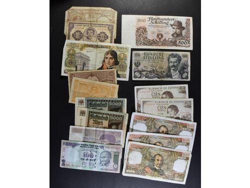 Banknotes, ALL WORLD. One box with 150 banknotes, 1821–1990s, mixed quality.  .