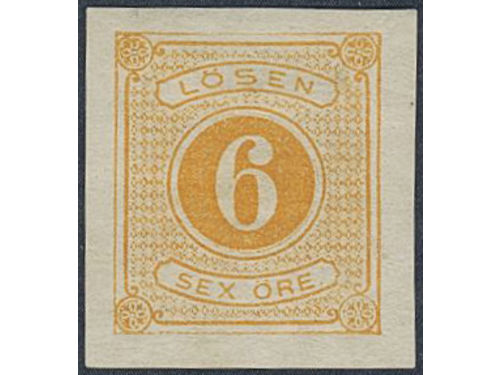 Sweden. Postage due Facit L14v1 ★, 6 öre yellow imperf. Superb margins. Slightly thin.