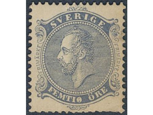 Sweden. Proposal stamp (★), C A Nymans proposal stamp FEMTIO öre in ultramarine colour with dashed background. Short perfs.
