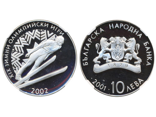 Coins, Bulgaria. KM 247, 10 leva 2001. Commemorative issue showing ski jumping at Salt Lake Olympics. Graded by NGC as PF69 ULTRA CAMEO. Proof.