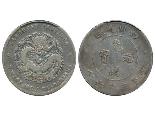 Coins, China, Szechuan province. L&M- 347, 50 cents ND (1901–08). Narrow face dragon variety. Graded by PCGS as VF25. F-VF.