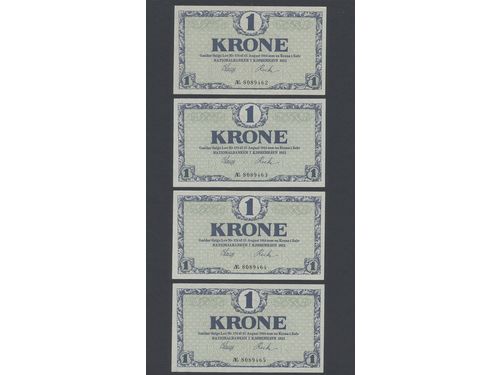 Banknotes, Denmark. Pick 12f, 1 krone 1921. Four consecutive notes AE8089462–65. All with light centre fold. 01.