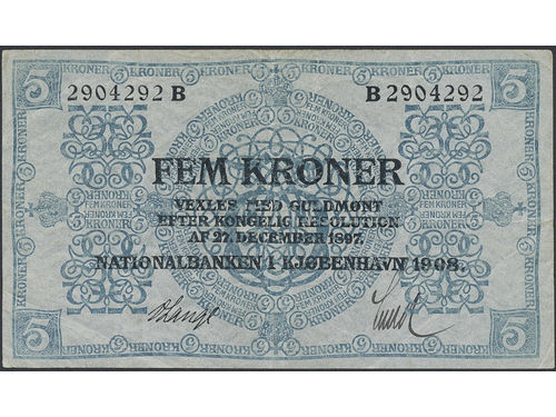 Banknotes, Denmark. Pick 6f, 5 kroner 1908. B2904292. 1/1+.
