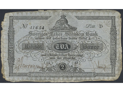 Banknotes, Sweden. SF B2:8, 2 riksdaler banco 1857. Litt D No 41654. Fresh example with good paper and a centre fold plus some handling marks. 1+/01.