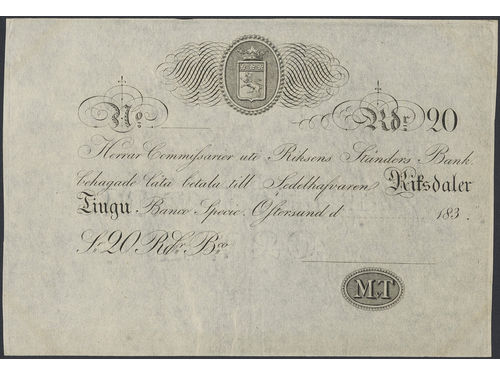 Banknotes, Sweden. Plat. II 96, 20 riksdaler 183X. Remainder. For Riksens Ständers Bank, Östersund branch. 01/0.