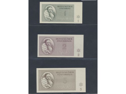 Banknotes, Germany, Theresienstadt. Pick CZ650-CZ656, Set of seven uncirculated banknotes of 1, 2, 5, 10, 20, 50 and 100 kronen. UNC.