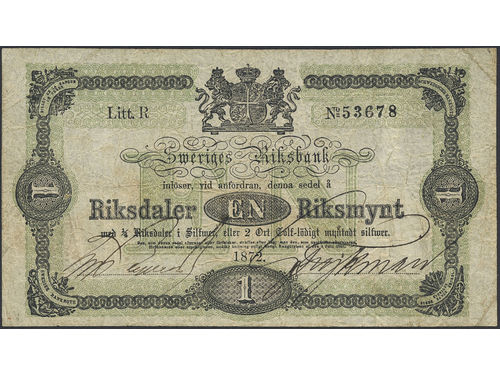 Banknotes, Sweden. SF I3:4, 1 riksdaler riksmynt 1872. Two hand written signatures. 1.
