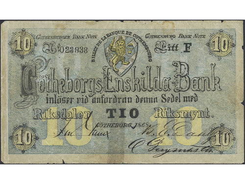 Private banknotes, Sweden. Platz 17, 10 riksdaler riksmynt 1868. Litt F No 023838. Tear repaired with tape, small pieces missing. 1?/1.