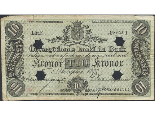 Private banknotes, Sweden. Platz 26, 10 kronor 1888. Litt F No 86291. Star cancelled, missing corner tip in upper left corner.  .