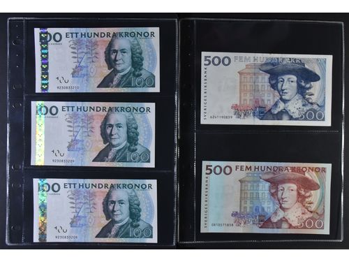 Banknotes, Sweden. Group of Swedish notes 1939–2011, almost all uncirculated. The only noticably circulated note is the scarce 500 kr blue 1986 (1+). Total face value SEK 3505. 01-0.