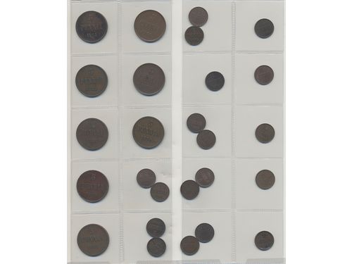 Coins, Finland. 86 coins in bronze, 1865–1917, mixed quality.  .