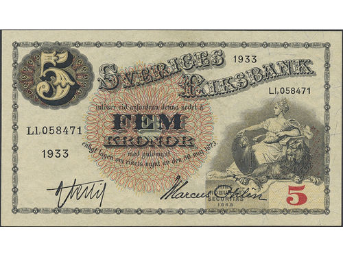 Banknotes, Sweden. SF Q7:16, 5 kronor 1933. Ll058471. 0.