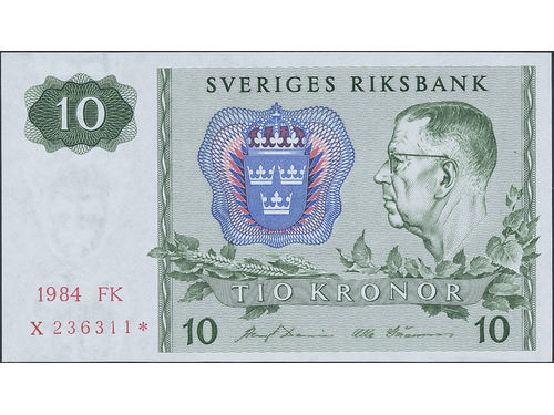 Banknotes, Sweden. SF R8:26, 10 kronor 1984*. FK X236311*. 0.