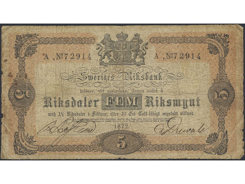 Banknotes, Sweden. SF J4:1, 5 riksdaler riksmynt 1872. A72914. Minor paper loss, some small spots. Scarce type. 1?