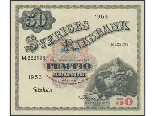Banknotes, Sweden. SF T9:5, 50 kronor 1953. 1+/01.