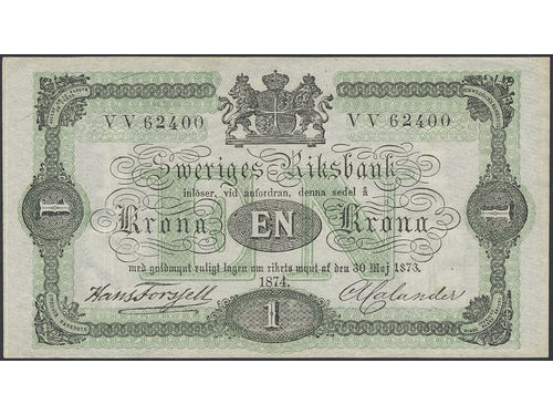 Banknotes, Sweden. SF P1:1, 1 krona 1874. No: VV 62400. 01.