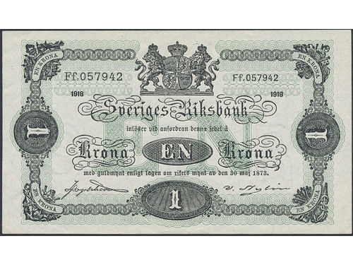 Banknotes, Sweden. SF P2:5, 1 krona 1918. No: Ff.57942. Nylin signature/printing. Scarce. 0.