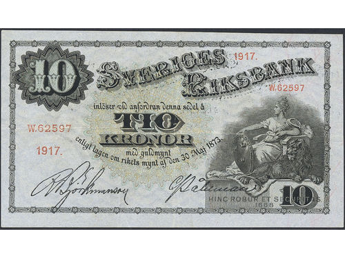 Banknotes, Sweden. SF R4:12, 10 kronor 1917. No: W.62597, double printed. 1+/01.