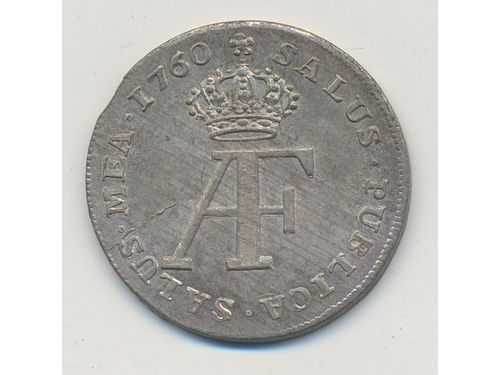 Coins, Sweden. Adolf Fredrik, SM 93, 10 öre 1760. 6.98 g, SMB 74. Rare in this quality. 01/0.