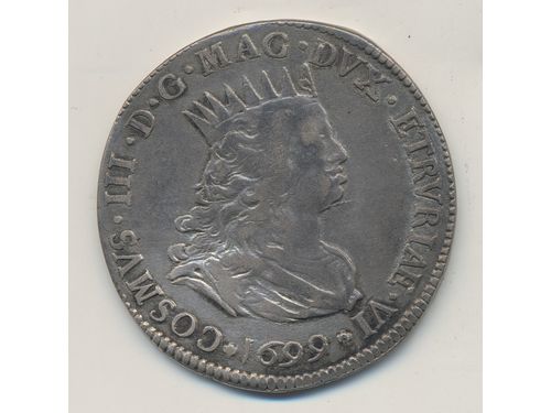 Coins, Italy, Livorno. KM 16, 4, 1 tollero 1699. 26.80 g. VG.