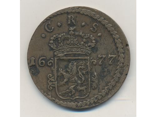 Coins, Sweden. Karl XI, SM 348, 1 öre sm 1677. 41.50 g, SMB 551. 1/1+.
