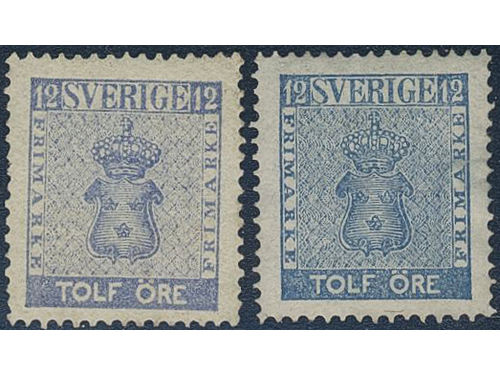 Sweden. Facit 9 ★, 12 öre in two different shades incl. one i (dull ultramarine). (2). SEK 5400