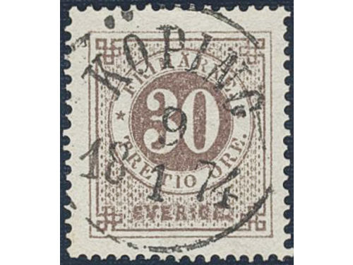 Sweden. Facit 25e1 used, 30 öre brown, smooth print. EXCELLENT cancellation KÖPING 9.1.1874.