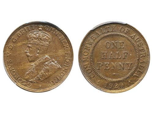 Coins, Australia. George V (1910–1936), KM 22, ½ penny 1920. Graded by PCGS as MS64 BN. XF-UNC.