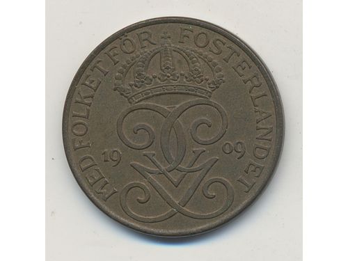 Coins, Sweden. Gustav V, MIS P15, 5 öre 1909. 8.00 g, Provmynt, Valörsiffra med rakt tvärstreck, XR. 01/0.