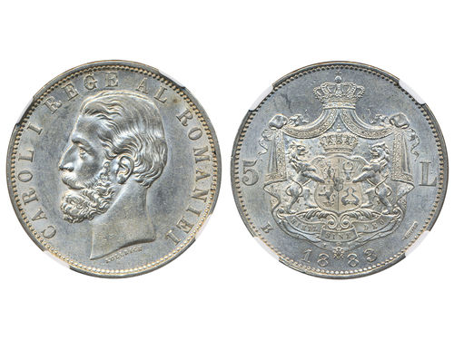 Coins, Romania. Carol I (1866–1914), KM 17, 5 lei 1883. Graded by NGC as AU58. XF.