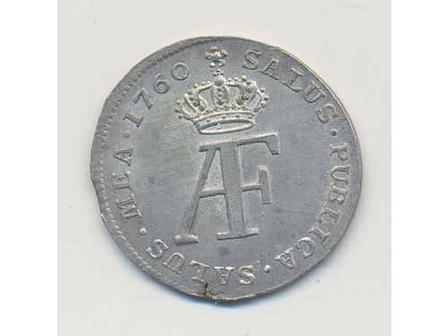 Coins, Sweden. Adolf Fredrik, SM 106, 5 öre 1760. 3.40 g, SMB 90. edge crack 7 o'clock. 01/0.
