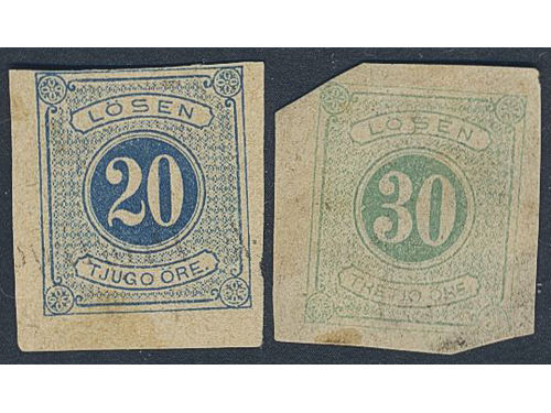 Sweden. Postage due Facit L16, 18 (★), 20 and 30 öre imperforated plate-prints, 20 öre with print 