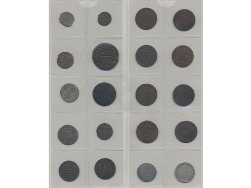 Coins, Sweden. One album with 53 coins in silver and bronze, 1290–1874, mixed quality.  .