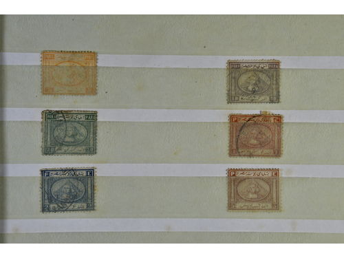 Egypt. ★★/★/⊙. Important holding of several hundred stamps from the classics onwards, mint and used. Some of the better stamps include key high value 'sphinx and pyramid' 5 pi brown signed twice (mint cat £350), as well as various lower values, then 1872 5 pi green used and dozens of further sphinx and pyramid types, through to better sets of the 1920s, Archaeology, air mails, cotton and much more, as well as 'une livre' complete used, followed by high values mint NH of the second definitive set through MNH triple bar o/p to £1 and much more to research on to the modern era, ending with back of the book. Considerable potential here, a much recommended viewing.
