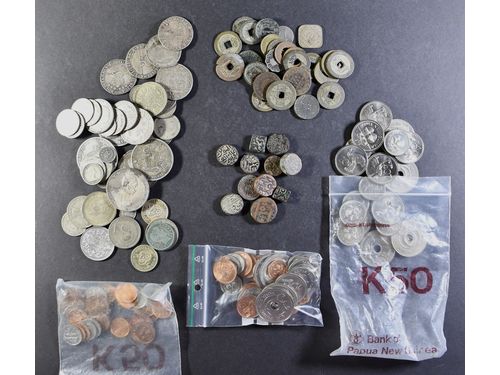 Coins, ALL WORLD. One box with hundreds old silver and bronze coins 1800s–1900s, mixed quality.  .