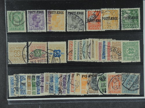 Denmark. Used 1875–1927. Back of the book, all different, e.g. Tj9, PF2-3, PF6, PF23-25, TI7, TI9-10, and Slesvig 1-14. Mostly good quality. F 5010 (44)
