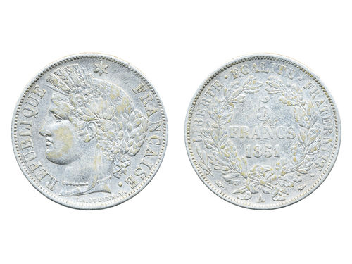 Coins, France. Second Republic, KM 761.1, 5 francs 1851. A. VF.